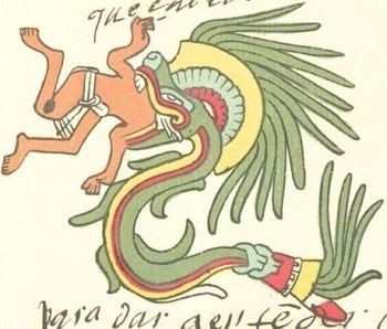 Ancestral pintura retratando a Quetzalcóatl degustando de un humano. devoradora