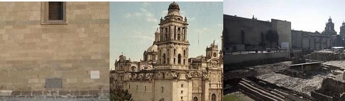 Foto: Placa Conmemorativa de la Ubicación donde se encontró Piedra del Sol en Catedral y Restos del Gran Teocalli a un costado de la Catedral Metropolitana