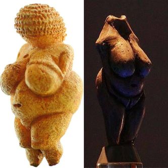 La Venus de Willendorf, de unos 28,000 – 25,000 A.P. en piedra caliza y ocre rojo. Descubierto en Austria. Fotografía: Matthias Kabel. 
La Venus el de Moravany, tallada en colmillo de mamut de unos 22,800 A. P., Descubierto en Eslovaquia. Foto: Martín Hlauka.
