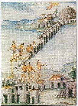 Ilustración en donde se muestra la construcción de Acueducto desde el Cerro del Chapulín a la Gran Tenochtitlan por los Aztecas