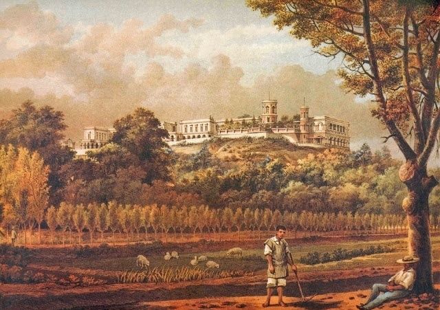 Una estampa –que aparece fechada en 1869– bajo el título “Bosque de Chapultepec” muestra al centro y extrema izquierda el estado preciso que entonces guardaba la residencia imperial, además de magnificar los sorprendentes Ahuehuetes del parque que con tanta atención rescató Maximiliano I encomendando a Knechtel su cuidado. 