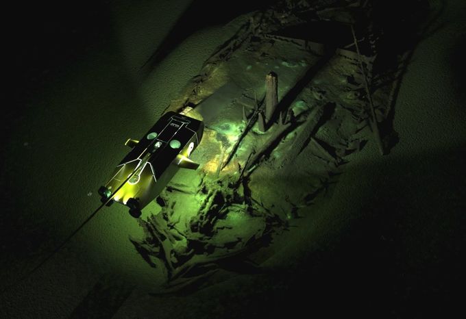 Una imagen fotogramétrica de un naufragio bizantino que tal vez data del siglo XIX. Hay una imagen superpuesta de uno de los robots que fotografió los barcos perdidos. 
Education Foundation/Black Sea MAP