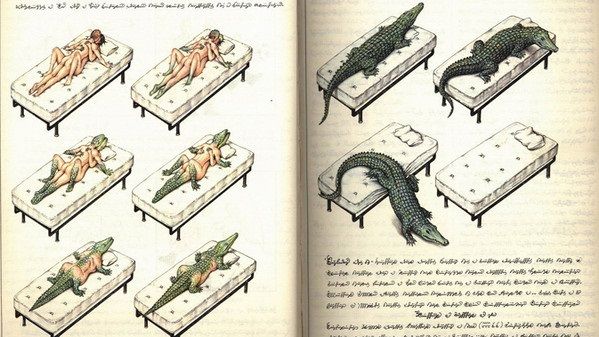 Imágenes del Código Seraphinianos, de entre muchas de aquí parte de esta imagen es portada del código y también se puede ver la escritura extraña que la acompaña