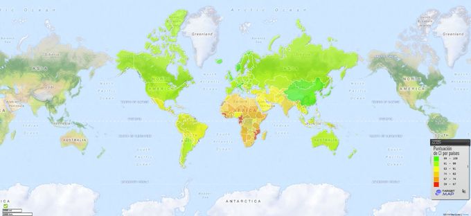 Mapa de los coeficiente Intelectuales del Mundo (IQ o CI)