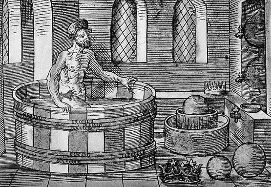Típica Ilustración de Arquímedes en la famosa bañera donde floreció su brillante idea del principio que lleva su nombre