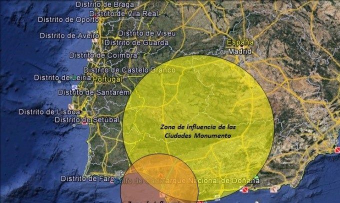 Zonas de Influencia de Tsunamis (Naranja) y Área de influencia de Ciudades Monumento (Amarillo)