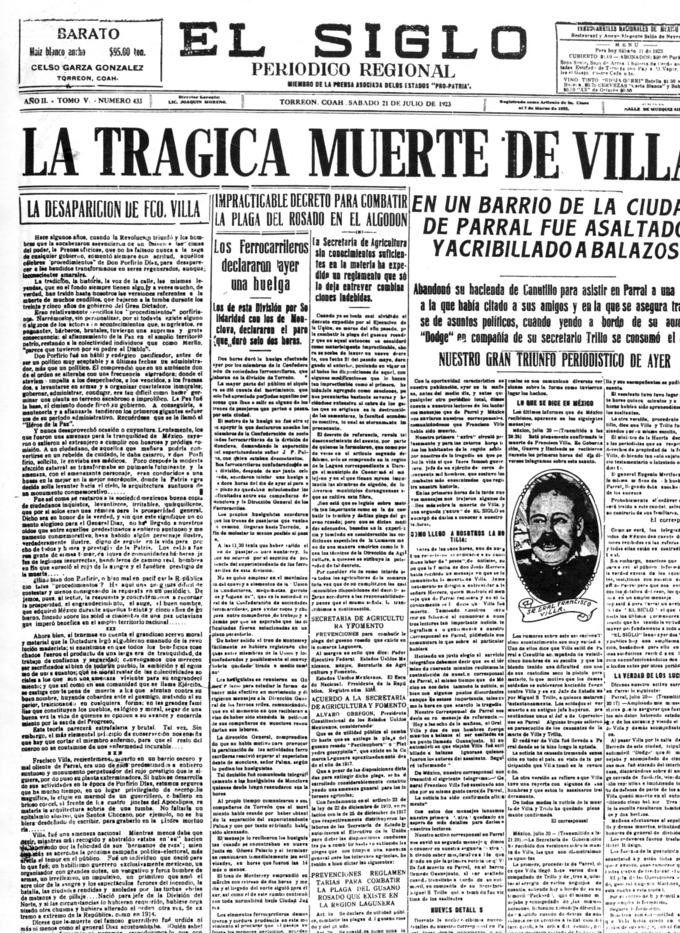 Publicación del día 21 de julio de 1923, donde se explica a detalle la manera en que fue asesinado el 