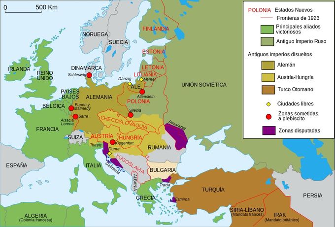 Mapa de Europa (1923) en el que se muestran los cambios territoriales ocurridos como consecuencia de la Primera Guerra Mundial.