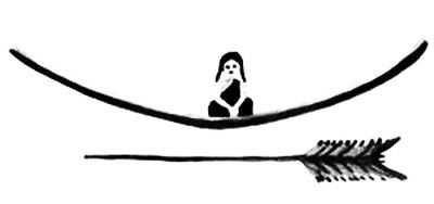 Dibujo hopi de un personaje sentado en un “escudo volador”. La flecha de abajo hace referencia a la idea de velocidad.