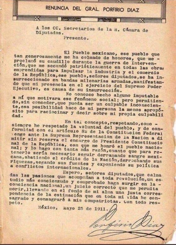 Renuncia por escrito de Porfirio Díaz a la presidencia de la República
