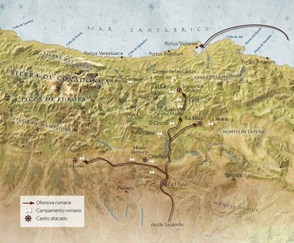 Avance por tierra y por mar del ejército romano para invadir territorio cántabro.