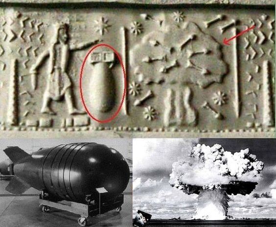 Representación Sumeria de una Bomba, incluso del lado derecho se ve el hongo y las flechas representan la muerte, abajo la reproducción de la bomba usada por los EEUU en Hiroshima y Nagasaki