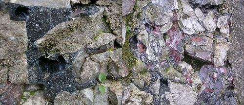 Fragmentos de la pared vitrificada. El calor necesario para convertir la arena en vidrio debe ser superior a los 1,760 ºC.