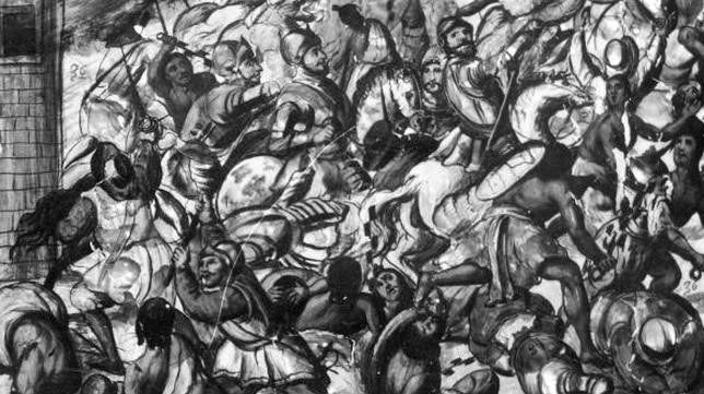 Parte de una de las «Tablas de la Conquista» que representa la «Noche triste» de Hernán Cortés