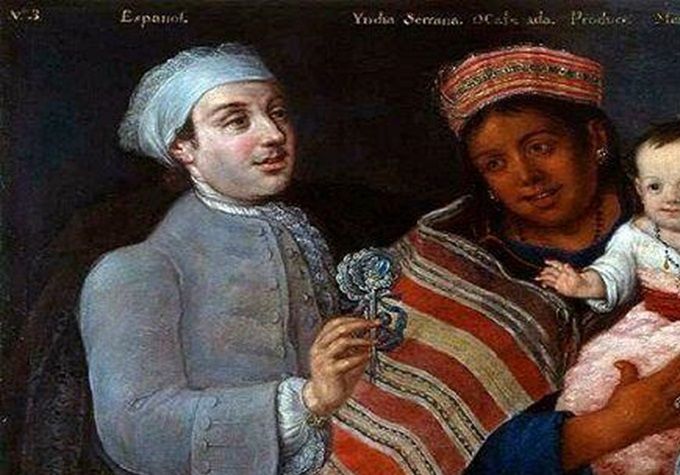 Pintura de 1770 que representa la unión entre un español con una nativa teniendo como hijo un mestizo (imagen vía Wikimedia commons)