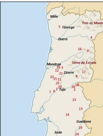 1.-Almourol / 2.-Alpalhão / 3.-Arouce / 4.-Bemposta / 5.-Braga / 6.-Torres Novas / 7.-Santarem / 8.-Castelo Branco / 9.-Castelo Mendo / 10.-Constância / 11.-Dornes / 12.-Ega / 13.-Elvas / 14.-Evora / 15.-Ferreira do Zêzere / 16.-Marialva / 17.-Monsanto / 18.-Montalvão / 19.-Moura / 20.-Nisa / 21.-Penela / 22.-Pombal / 23.-Seda / 24.-Serpa / 25.-Tomar / 26.- Soure