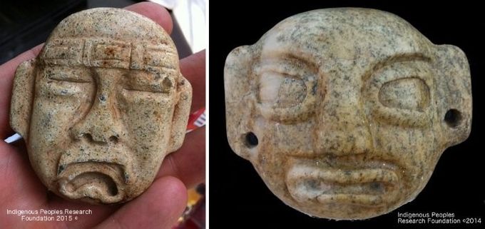 Colgantes de estilo Olmeca descubiertos en un riachuelo cercano a donde se encontró la espada votiva China. Foto cortesía de la Fundación para la Investigación de los Pueblos Indígenas