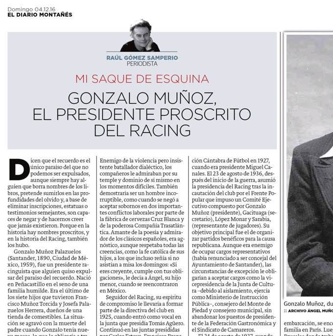 Articulo publicado en la Revista Cancha de Cantabria el 4 de diciembre de 2016 EL JUSTO RECONOCIMIENTO A UN HOMBRE JUSTO