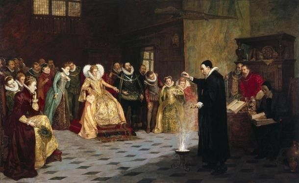 John Dee realizando un experimento ante la reina Isabel I. Pintura al óleo de Henry Gillard Glindoni. 1913 ( Wikimedia Commons )