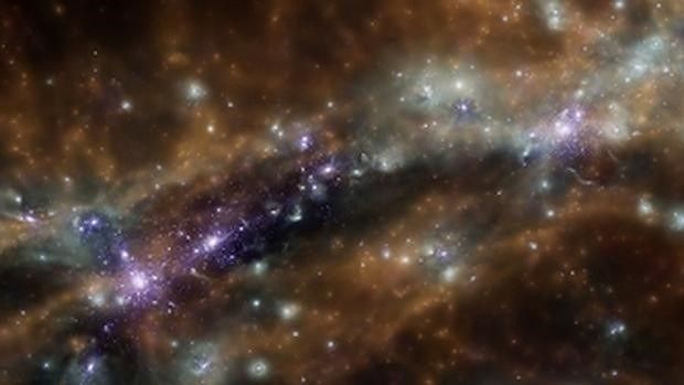 La imagen muestra una parte de la telaraña cósmica, el esqueleto del Universo, de unos 260 millones de años luz de largo – K. Dolag, Universitäts-Sternwarte München, Ludwig-Maximilians-Universität München, Germany