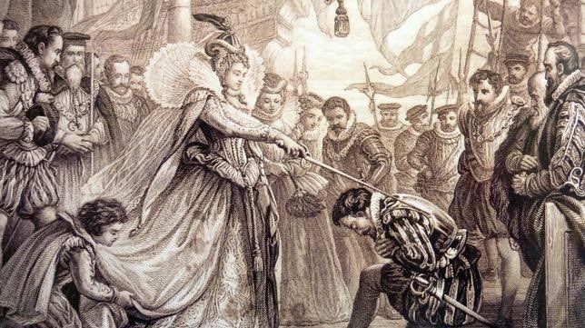 Grabado de la época donde la Reina Isabel I nombra caballero al corsario Francis Drake 