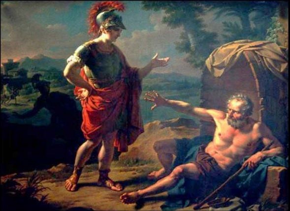 Alejando Magno y Diógenes en su tonel, pidiéndole a Alejandro que se quitara porque le tapaba la luz del sol.