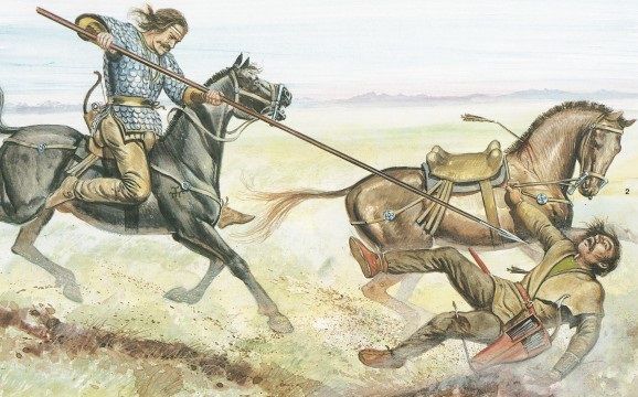 Contario sármata descabalgando a un arquero a caballo rival a golpe de lanza, s. I d. C La flexibilidad táctica y la movilidad fueron las armas clave de la caballería sármata y alana entre los ss. I a. C y II d. C