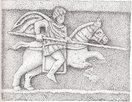 Dibujo de la estela funeraria de Aduitor, soldado del ala I Canninefatum, quien decidió inmortalizarse con el arma más característica de su unidad: la contus sarmaticus.