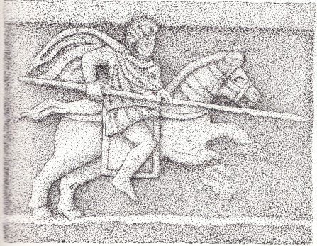 Dibujo de la estela funeraria de Aduitor, soldado del ala I Canninefatum, quien decidió inmortalizarse con el arma más característica de su unidad: la contus sarmaticus.
