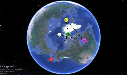 Orden de polos: Mar de Bering (BS), Groenlandia (Gr), Mar de Noruega (NS), Bahía de Hudson (HB) y el Ártico (Ar).