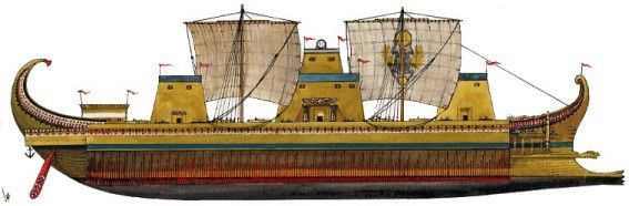 La Tessarakonteres, junto a un soldado para comparar la escala. Fuente: Tessarakonteres, el supercatamarán de la Antigüedad.
