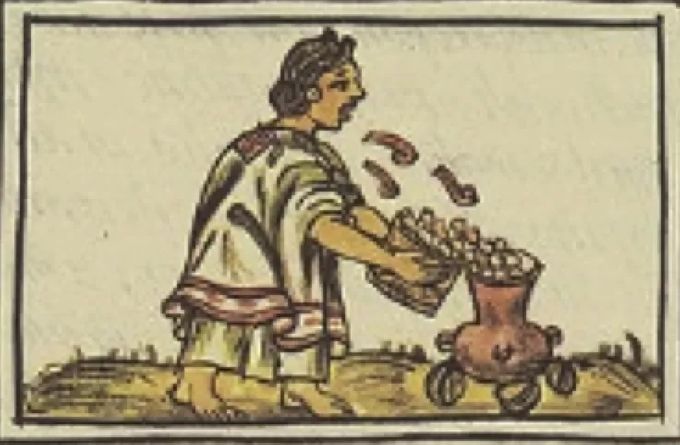 El maíz siendo vertido en un recipiente para ser cocido. Se ven las 3 piedras ceremoniales. Códice Florentino