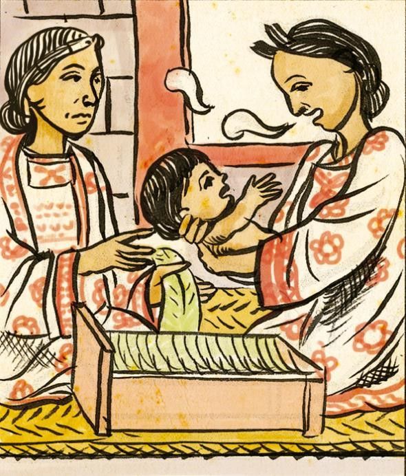 Una tlamatlquiticitl: Bañando a un recién nacido en agua fría en una ilustración adaptada del compendio del siglo XVI sobre las costumbres aztecas, la Historia General de las Cosas de Nueva España.
