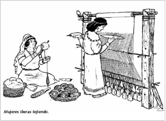 Fig. 2. Imagen de un telar de pesas, junto con la elaboración del hilo con huso de fusayola inferior. Imagen procedente de http:// spqraleajactaest.blogspot.com.es