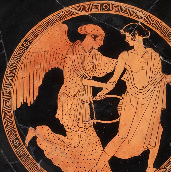Eos, la diosa alada del amanecer, se apodera del apuesto príncipe troyano Tithonus. El joven sostiene una lira.