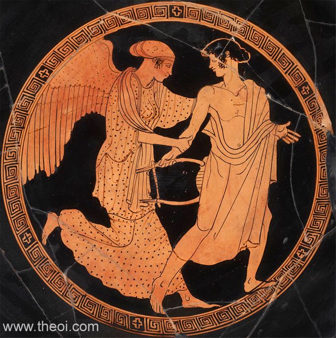 Eos, la diosa alada del amanecer, se apodera del apuesto príncipe troyano Tithonus. El joven sostiene una lira.