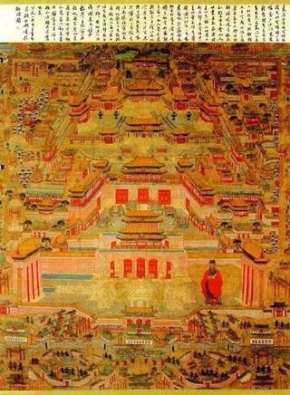 El Mapa de la Ciudad Capital Ming representa el panorama de la Ciudad Prohibida en tiempos de esa dinastía. El personaje ataviado con vestimenta oficial en la esquina inferior derecha de la pintura es Kuai Xiang, el diseñador del palacio.