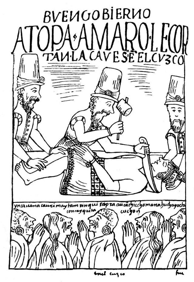El asesinato de Atahualpa, ilustrado por el peruano Felipe Guamán Poma de Ayala, que intentó enviar al rey de España en el siglo XVII sus crónicas que denunciaban la mala situación de los indígenas en el virreinato.
FUENTE DE LA IMAGEN, GETTY IMAGES
