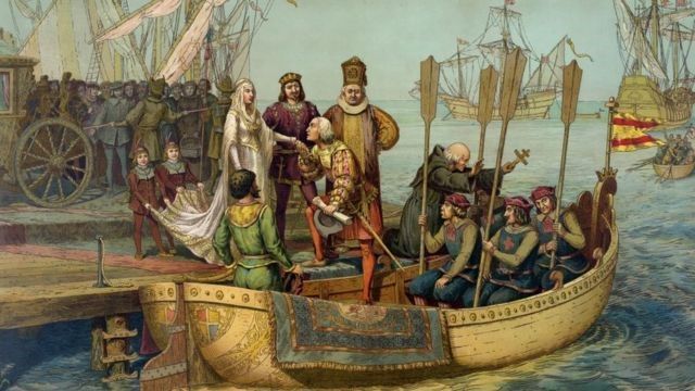 Cristóbal Colón despidiéndose de Isabel de Castilla y Fernando II de Aragón antes de emprender su primer viaje.
FUENTE DE LA IMAGEN, GETTY IMAGES
