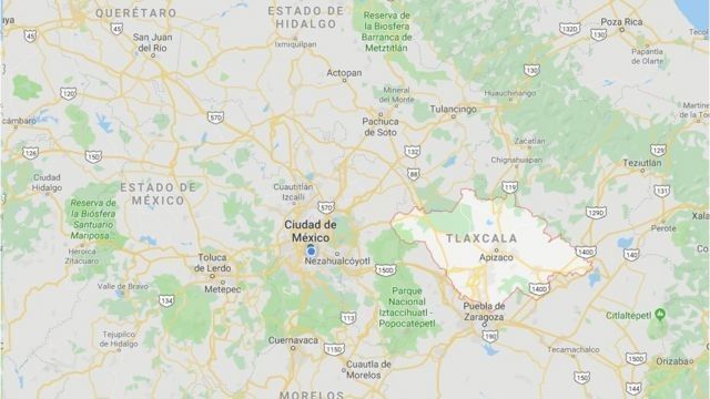 Tlaxcala se encuentra en el centro de México. Es el estado más pequeño del país con unos 4,000 km2 de superficie.
FUENTE DE LA IMAGEN, GOOGLE
